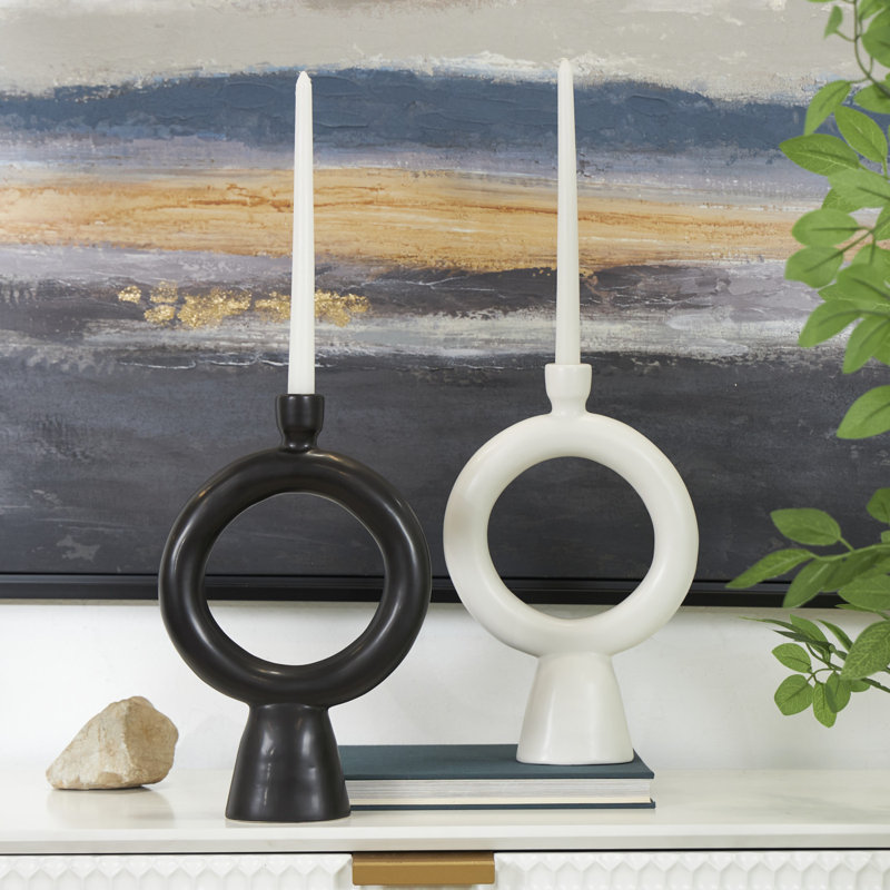 Black and White Ceramic Geometric Ring Tabletop Candlesticks, Set of 2
