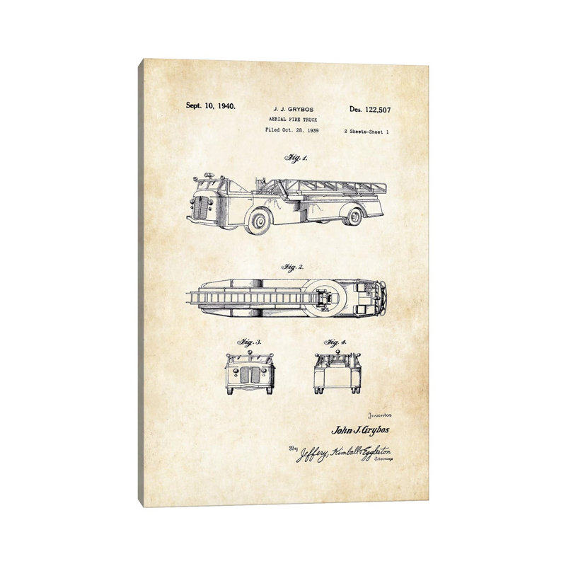 Fire Truck by Patent77 - Wrapped Canvas Gallery-Wrapped Canvas Giclée, 20.32 cm H x 30.48 cm W