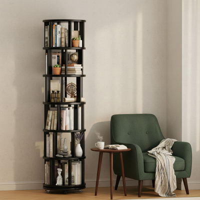 Black Solid Wood 360° Rotating Bookshelf With Wheels, 6-Tier Round Narrow Scrolling Bookcase, A Small Space Essential, Suitable For Corners / Bedrooms / Office Book Storage.