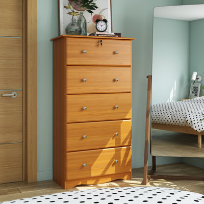 Commode 5 tiroirs 100% bois massif avec serrure et boutons en métal