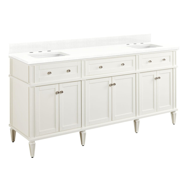 Elmdale 72" Freestanding Mahogany Double Basin Vanity  Rectangular Undermount Sink - 8" Faucet Holes, Feathered White Quartz