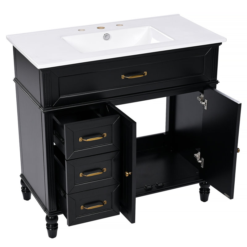 Meuble-lavabo 36 po avec lavabo, armoire de salle de bain avec tiroirs, cadre solide et panneau de fibres à densité moyenne, un paquet, noir