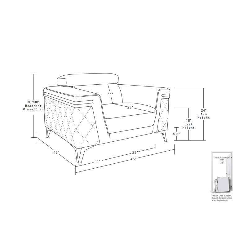 Fauteuil en cuir véritable 45 po Batchler, Cuir véritable gris foncé