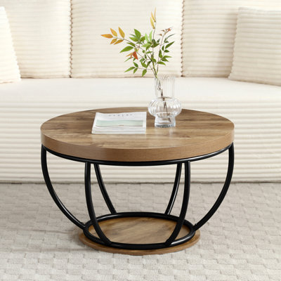 Table basse ronde 31 po avec tablettes de rangement à 2 niveaux, table d'appoint moderne en bois et métal noir pour le salon et le bureau à domicile - Assemblage facile