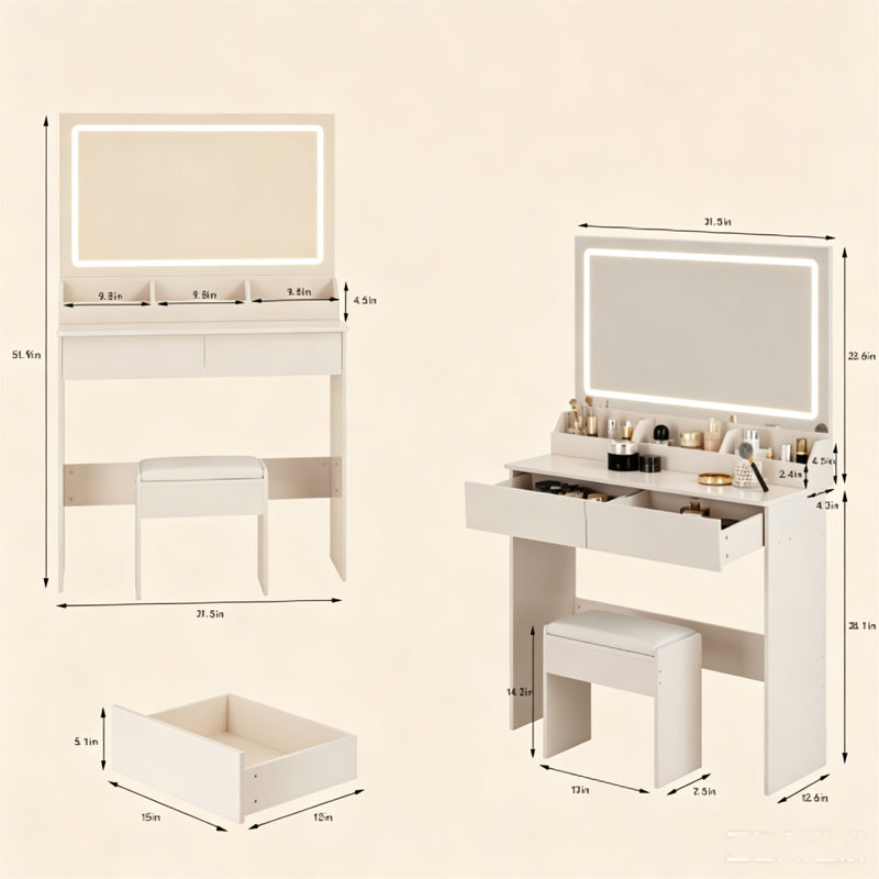 Ensemble de grande coiffeuse 31 po x 20 po à DEL avec tabouret rembourré, miroir à intensité variable 3 couleurs à commande tactile, coiffeuse compacte et spacieuse avec rangement pour les petits espaces