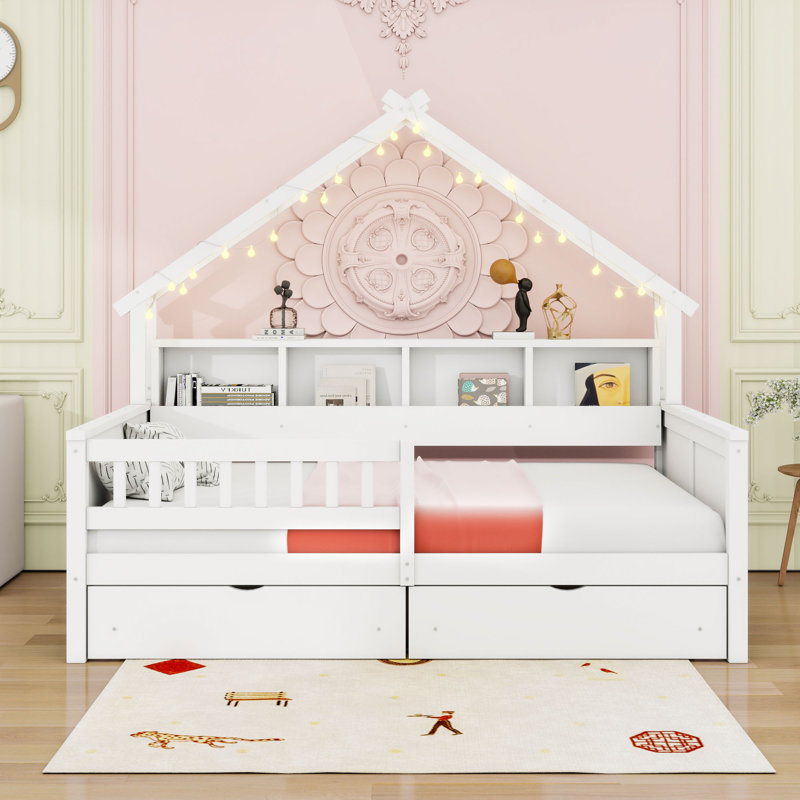 Full 2 Drawers Wood House Platform Bed with LED, White