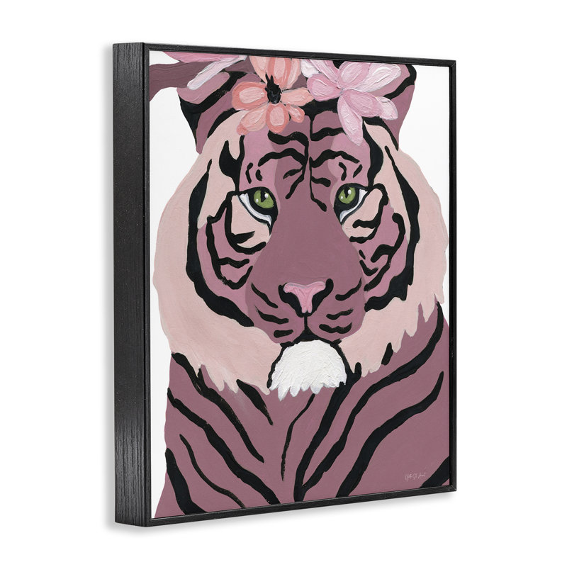Tigre avec fleurs roses, art de la giclée encadrée par Yvette St. Amant, Giclée encadrée noir minuit, H 14 po x l 11 po