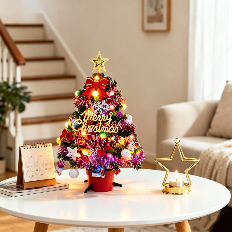 Mini sapin de Noël de table avec lumières DEL, 45 cm, petit sapin artificiel à monter soi-même, avec support et étoile au sommet, décoration de Noël intérieure