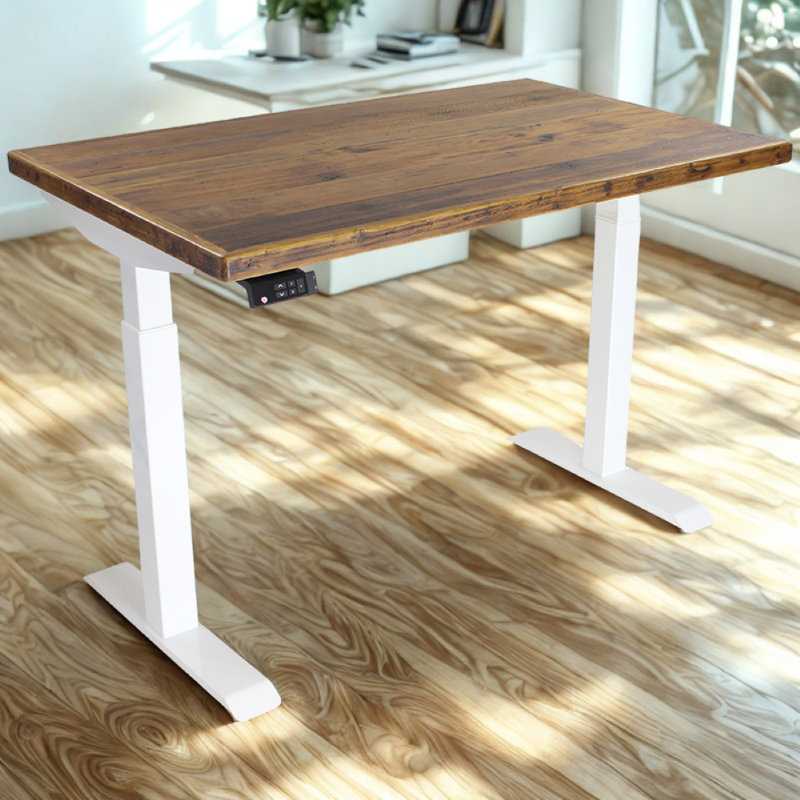 Skyscraper Electric Height Adjustable Standing Desk, Dual Motor and Digital Control with Memory, 48x24, Real Reclaimed Wood Top with White Frame