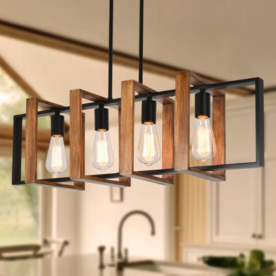Rodnisha 4 - Light Square/Rectangle Linear Wooden Kitchen Island Pendant
