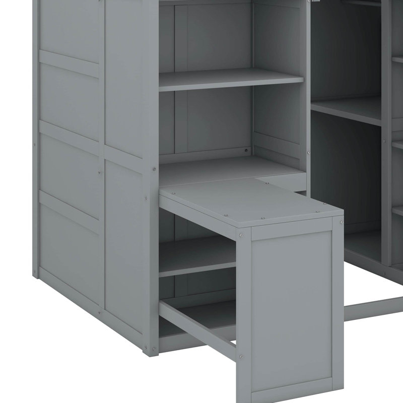 Full Size Loft Bed With Wardrobe,Desk And Shelves, Gray