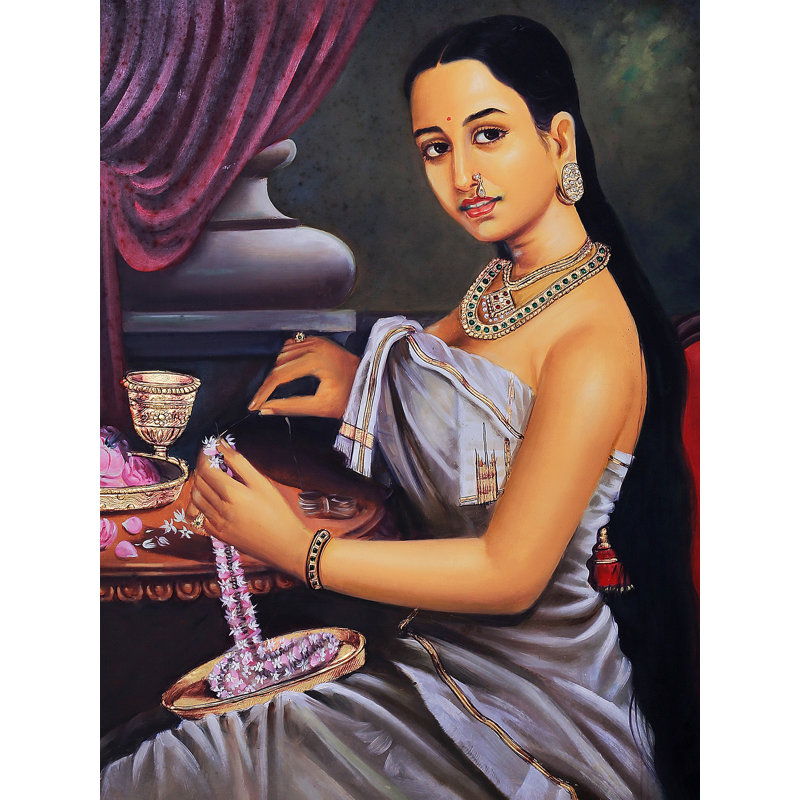 Dame faisant une guirlande, peinture Raja Ravi Varma | Avec cadre