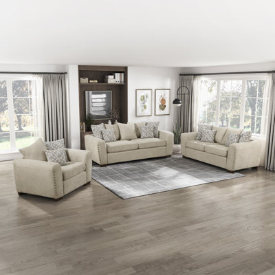 Langara Transitional Chenille 3-Piece Living Room Set with Elegant Nailhead Trim, Reversible Cushions & 16 Included Accent Pillows