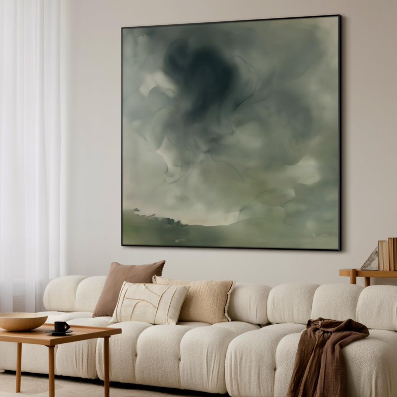 Très grande reproduction d'art sur toile - Brume verte encadrée, paysage abstrait, ciel nuageux rêveur, œuvre d'art pour le salon ou la chambre à coucher - «Assemblage requis du cadre (cadre non fini)»