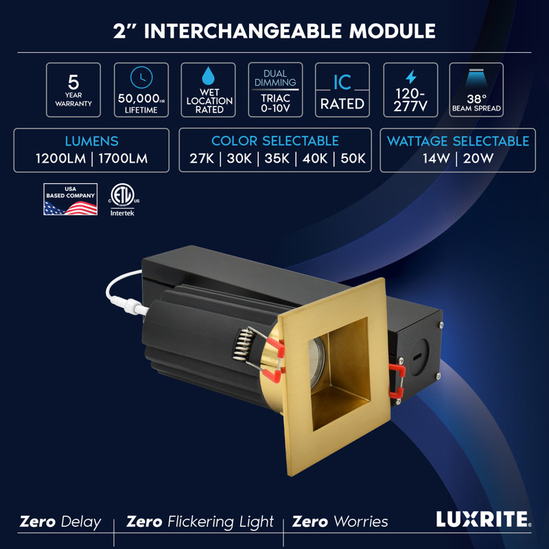 Lumière DEL sans cadre 2 pouces Luxrit avec garniture carrée interchangeable en laiton Luxrite, 5CCT, CRI90, à intensité variable, 14 / 20W, faisceau 38 °, 1200 / 1700LM, 120-277V, ETL