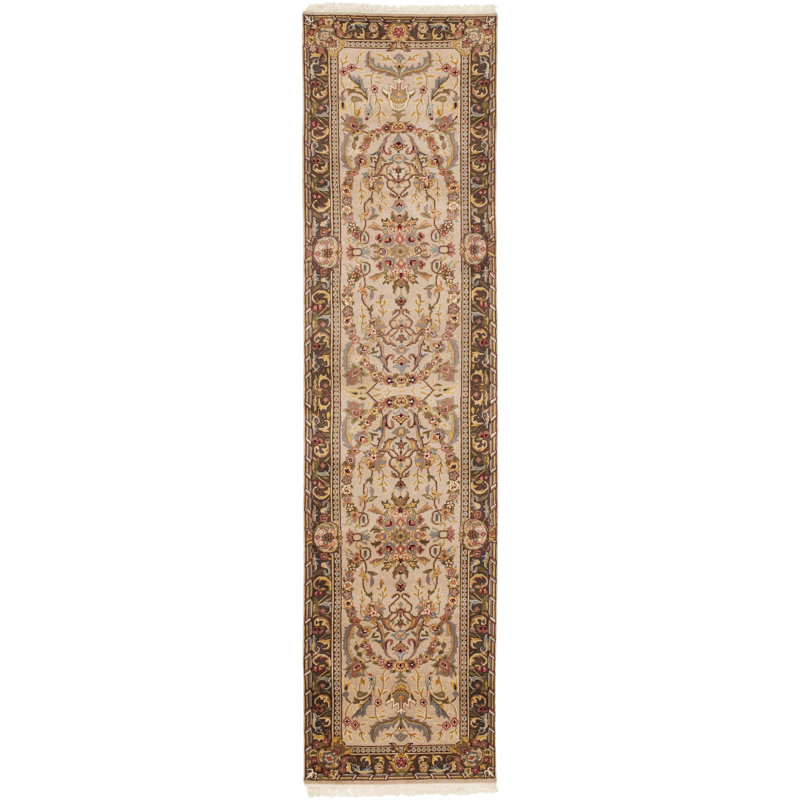 Beige and Tan Floral Hand-Knotted Wool Runner Rug
