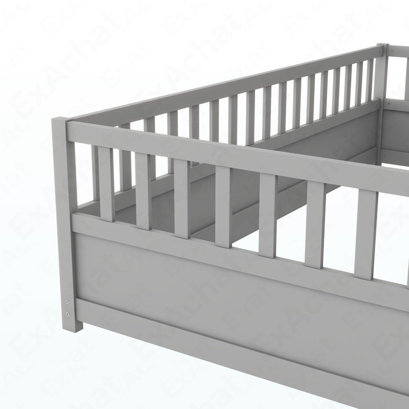 Twin Size Floor Bed, Integral Construction With Super High Security Barrier, Door, Children's Floor Bed Frame, Montessori Wooden Children's Floor Bed,  Grey