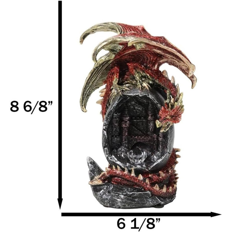 Figurine fantaisie en forme de dragon rouge sur un œuf géant à DEL avec château médiéval