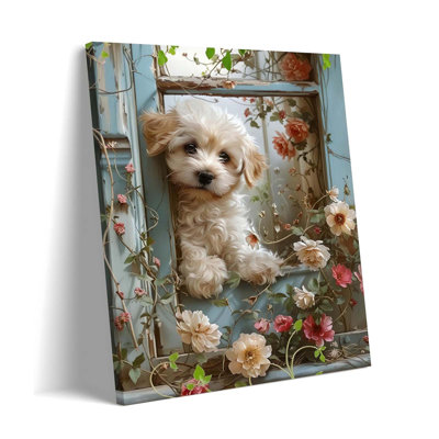 Reproduction d'affiche encadrée de caniche encadré, chien rigolo en peluche, abstrait chien debout parmi les fleurs, peinture murale pour dortoir, chambre à coucher, chambre d'enfant, décoration pour enfants, 12 x 16 po