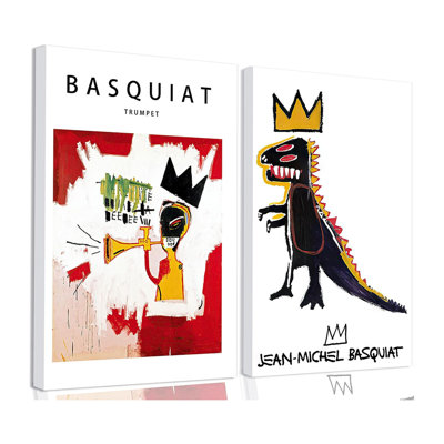 Encadré 2 pièces Basquiat, ensemble d'art sur toile Jean-Michel Basquiat, impression de style graffiti moderne, art de rue abstrait, galerie d'art, affiche sur toile pour salon, chambre, bureau, décoration, 12 x 16 pouces