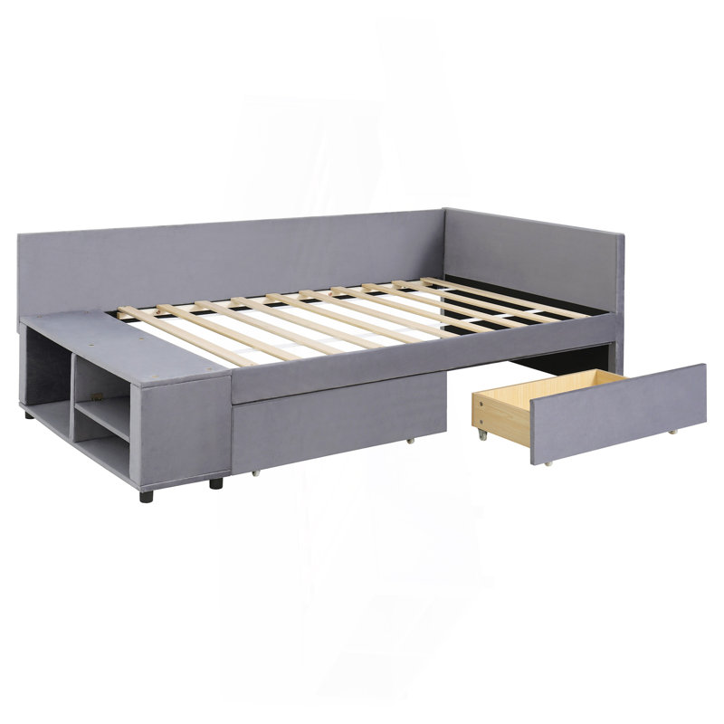 Lit plateforme simple tapissier en forme de L avec rangement et tiroirs, gris