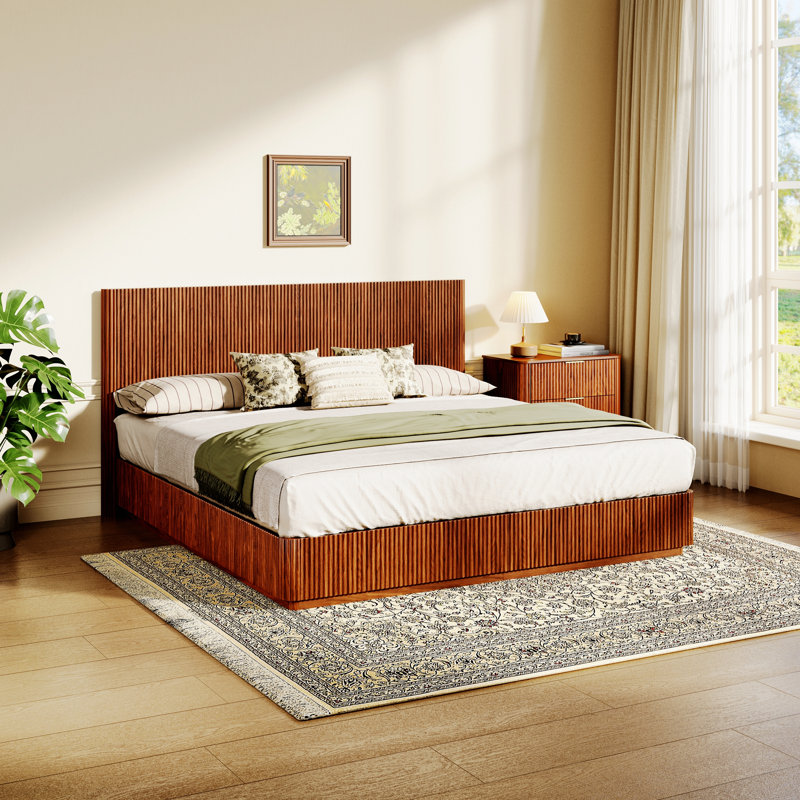 Platform Bed Frame With LED Lights, Walnut, King