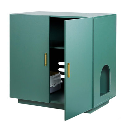 Enceinte de litière pour chat, armoire à litière dissimulée de 31,5 po, salle de bain intérieure en bois pour chat avec trous ventilés, meuble pour chat à double porte pour chat, table d'appoint pour la plupart des bacs à litière