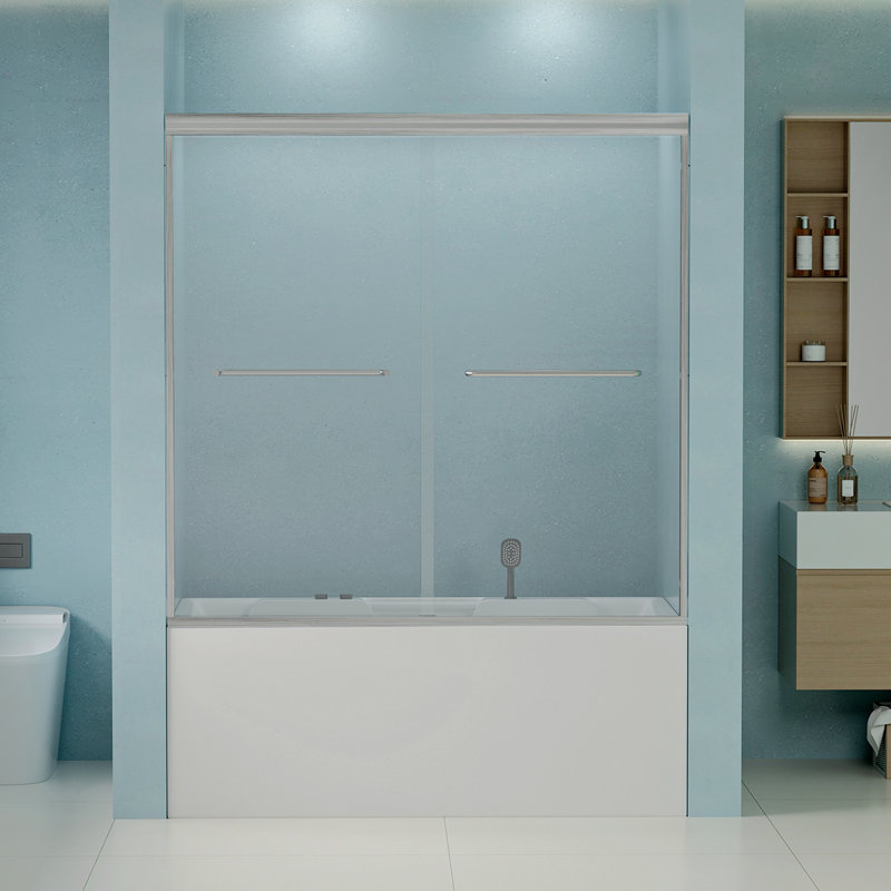 56"-60" W X 58" H Double Sliding Bathtub Shower Door, Semi-Frameless Bypass Tub Door, 1/4" (6Mm) Tempered Glass With Explosion-Proof Film, Adjustable Aluminum Alloy Frame, Brushed Nickel 24D03-T60BNX