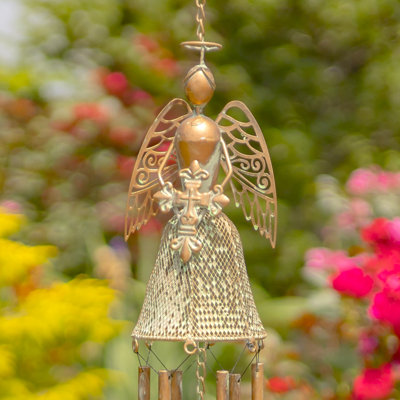 36.5" Long Antique Copper Hanging Iron Angel Holding Cross Wind Chimes "Angelica"