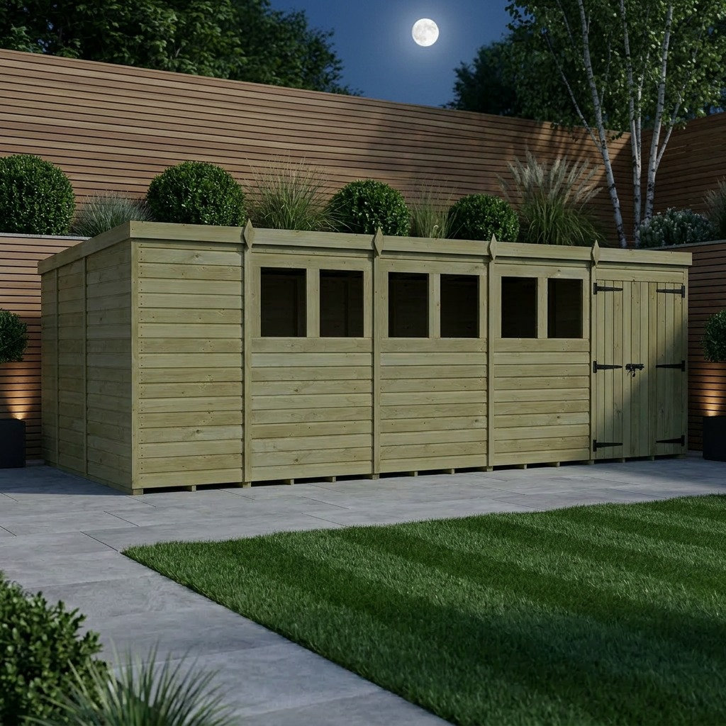 Total Sheds 19ft x 9ft Pent Garden Shed - Double Door - With Windows - Pressure Treated Timber - UK Manufactured
