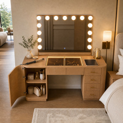 Coiffeuse en bois massif de 71 pouces avec boîte à bijoux et éclairage réglable (miroir non inclus)
