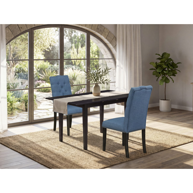 Ensemble de table de salle à manger rectangulaire en bois massif avec plateau papillon, Noir, 3 pièces: 1 table, 2 chaises