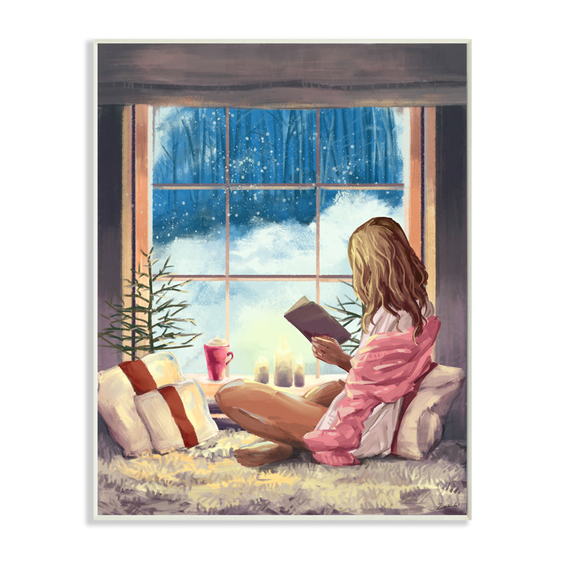 Fille lisant par une fenêtre d'hiver enneigée, H 19 po x l 13 po, Plaque murale