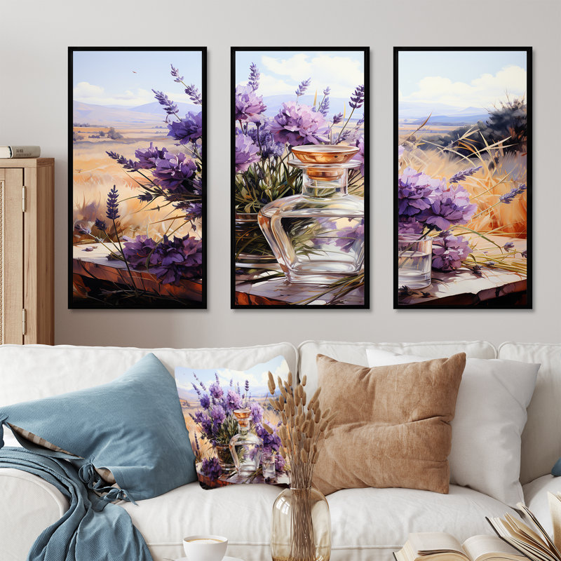 Lavender Fields Perfumes 3 - Perfumes Wall Art, 28" H x 36" W, Black Floater Framed