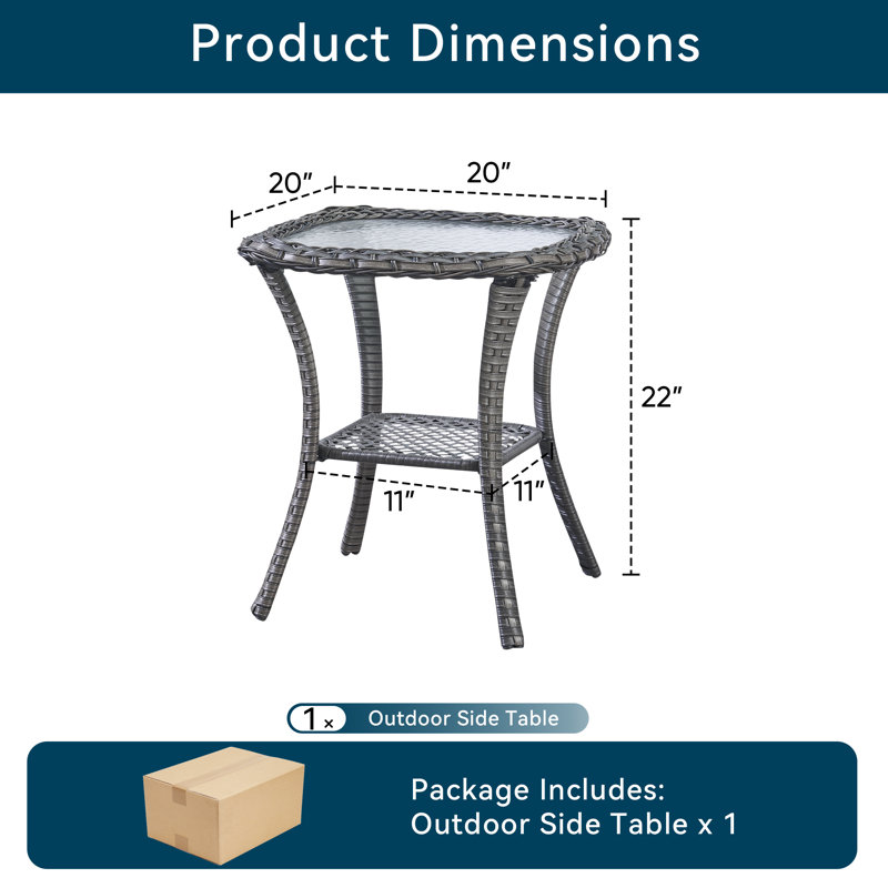 Deeominia Outdoor All-Weather Wicker Patio Side Table With Tempered Glass Top And Storage, Yellow