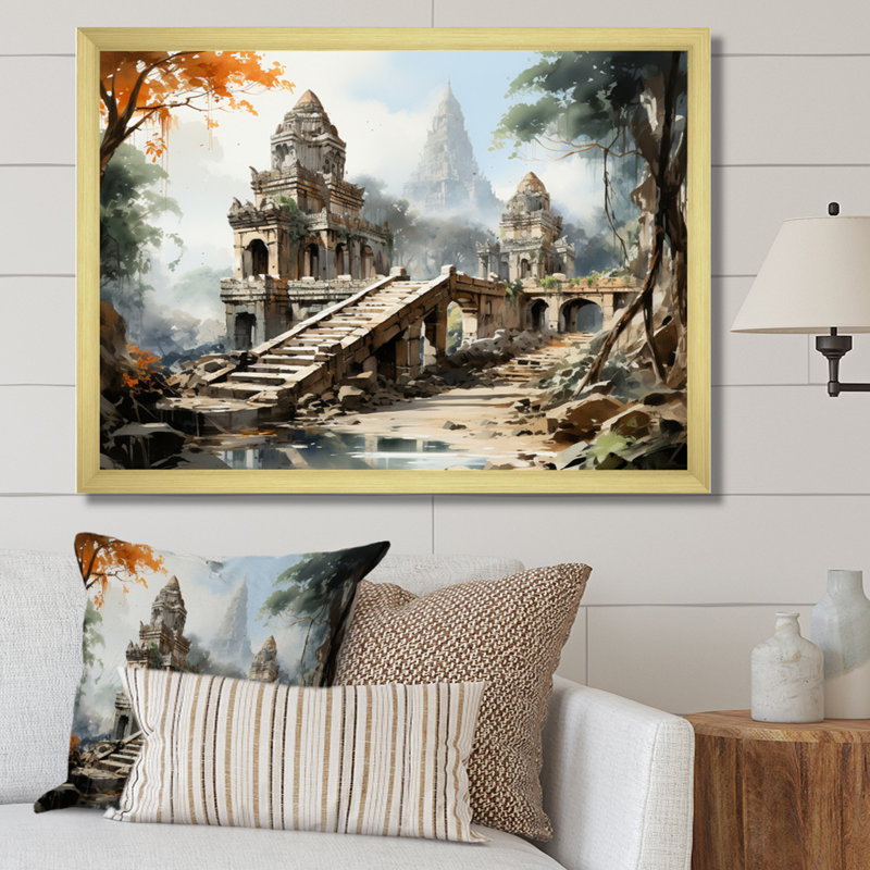 «Vietnam Antique Temples sépia», reproduction sur toile, Cadre doré à une seule photo, H 24 po x l 32 po x P 1 po