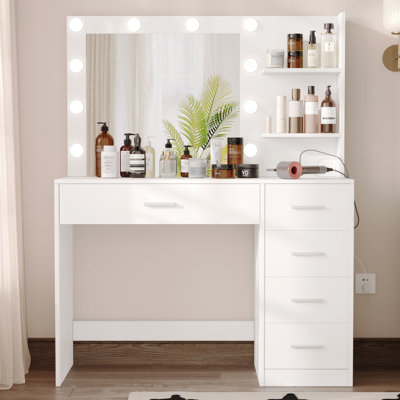 Charels Vanity Table with 6 Drawers, Bedroom Makeup Vanity Desk with Lighted Mirror 