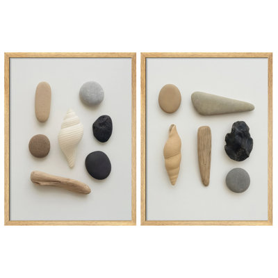Neutral Coastal Objects Framed Wall Art Prints Set of 2 - Shells and Stones Arrangement for Living Room Bathroom