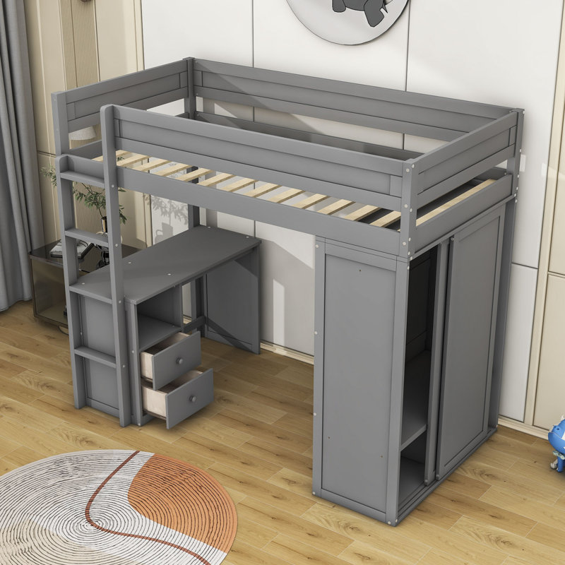 Clamart Wood Loft Bed with Wardrobes and 2 Drawer, Full / Double, Gray