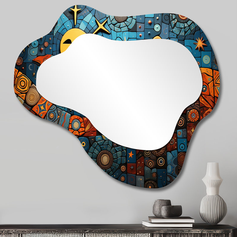 Bleu et orange Boho Mosaic Medley - miroir mural bohème mosaïque asymétrique, 25 po x 28 po
