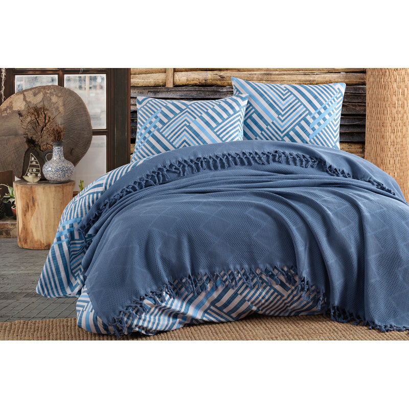 Ensemble de couvre-lit / couvre-lit 100% coton 3 pièces Umar, Bleu foncé