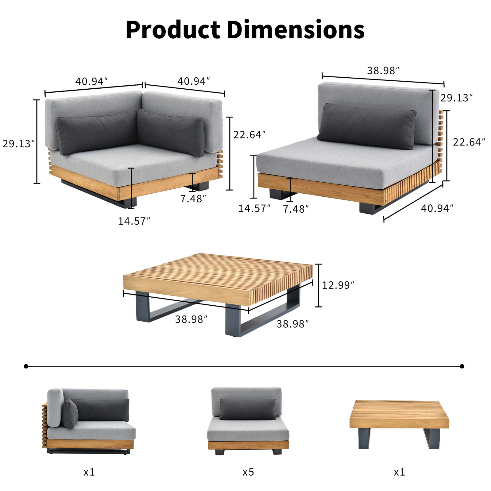 Perina 6-Person Teak Patio Seating Group, 7 Pieces:  Table, 6 Chairs
