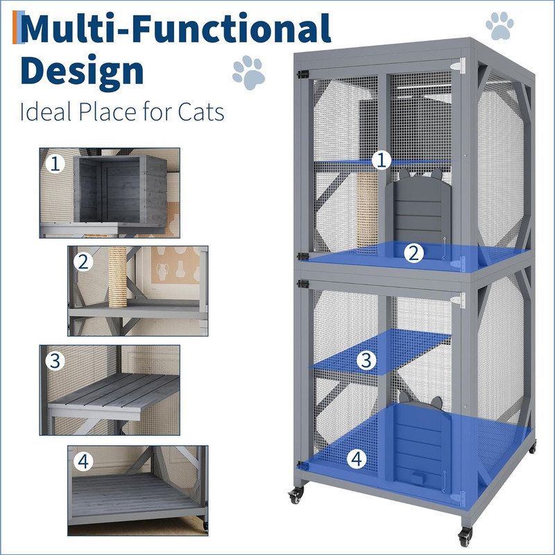 68'' Window Catio Outdoor Cat Enclosure On Wheels, Large Cats Kitty House with Waterproof Roof, Cat Playpen Outside Cattery with Platforms, Resting Box and Scratching Post