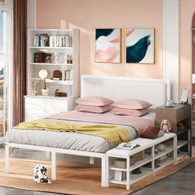 Bedroom Sets With Cushioned Footrest With Two-tier Storage Shelves, 1 Wooden Storage Cabinet