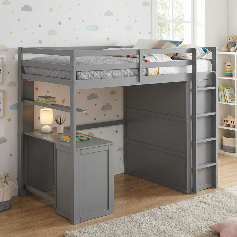 Lit mezzanine simple en bois massif avec tiroirs, bureau et garde-robe pour chambre à coucher, Lit simple, Gris