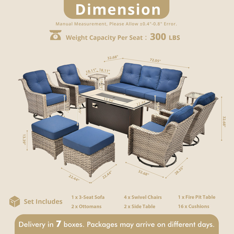 10-Piece Wicker Patio Conversation Set with Swivel Rocking Chairs and 50,000 BTU Fire Pit Table, Navy