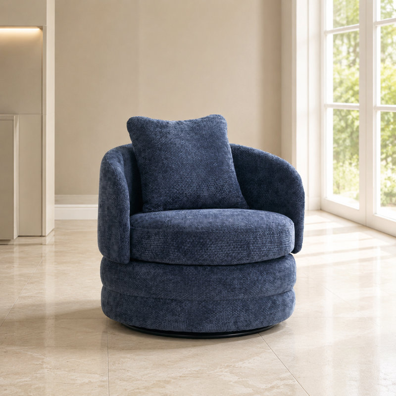 Fauteuil d'appoint moderne pivotant en tonneau avec coussin, fauteuil club rembourré en chenille, siège simple confortable avec dossier incurvé et base en métal
