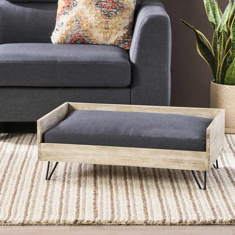 Lit pour chien noir et gris avec structure en bois, style Mid-Century moderne et rembourrage d'eau pour la durabilité du coussin de cadre, gris, assemblage requis