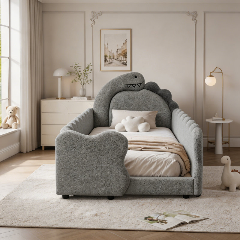 Lit simple pour enfant en forme de dinosaure avec barrière de sécurité, Gris