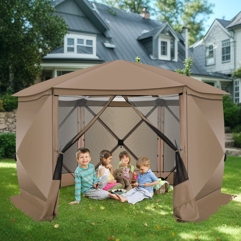12x12 Pop up Gazebo Screen House Tent, Outdoor Canopy with Removable Roof&Sidewalls, Brown